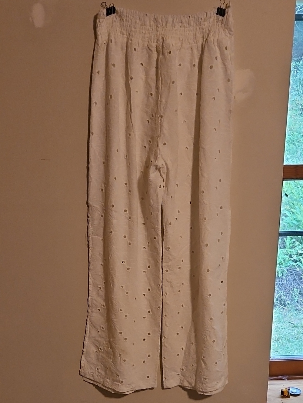 White Eyelet Wide-Leg Pants with Elastic Waist